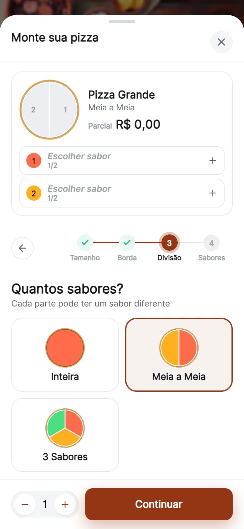 Montador de pizza do cardápio digital: inteira, meia a meia ou 3 sabores