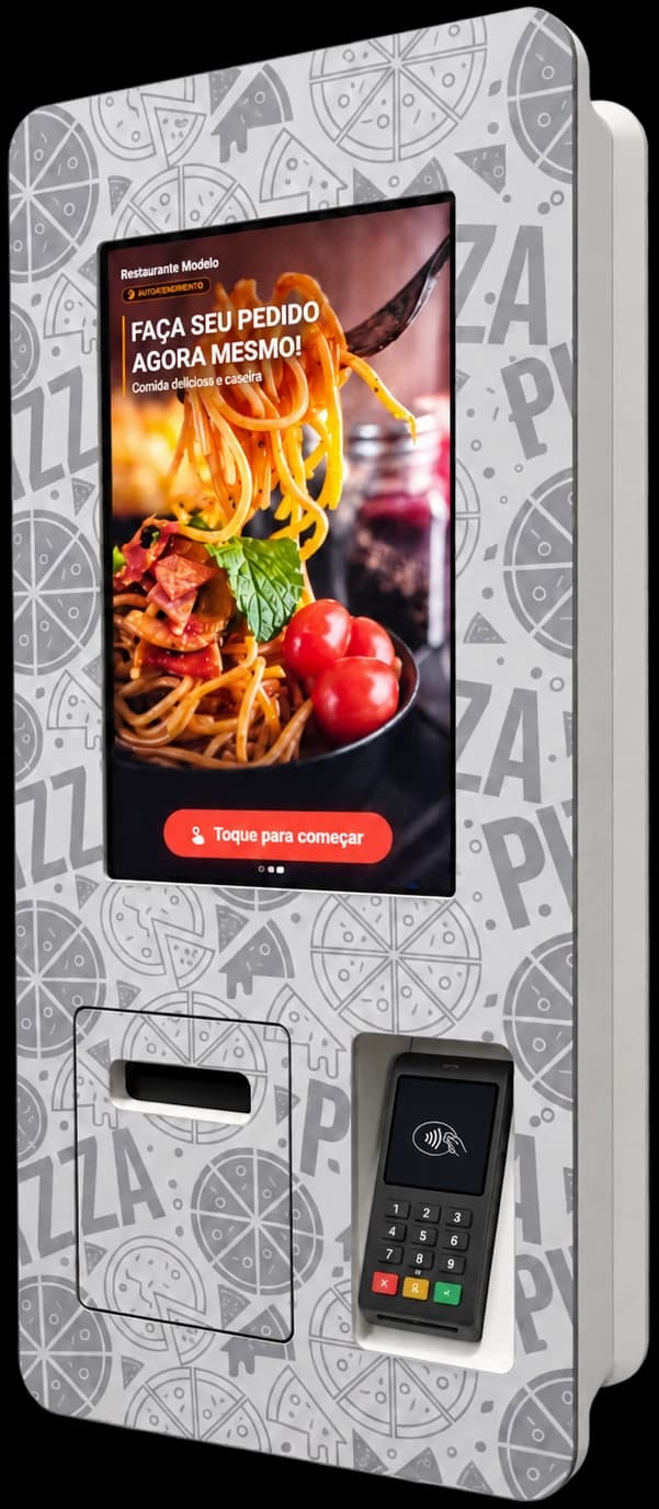 Totem de autoatendimento de parede do Nexfood, com impressora e pinpad para cartão (TEF)