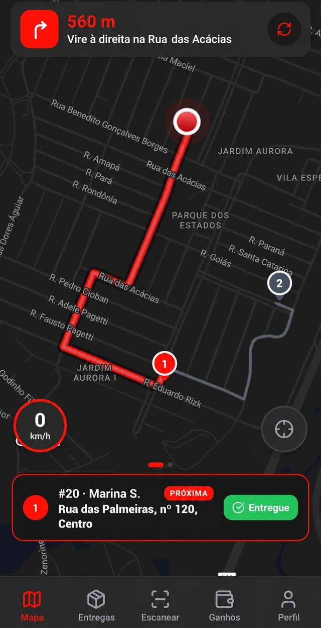 App do motoboy do Nexfood: rota no mapa com navegação curva a curva e o botão de entregue